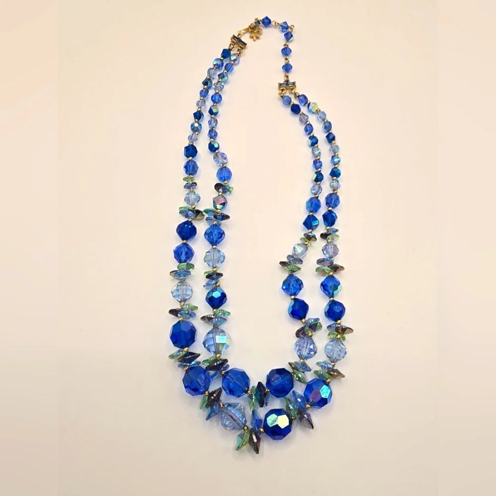 Vendome Blue Green Aurora Borealis Crystal Glass 2 Strand Bead Vintage Necklace